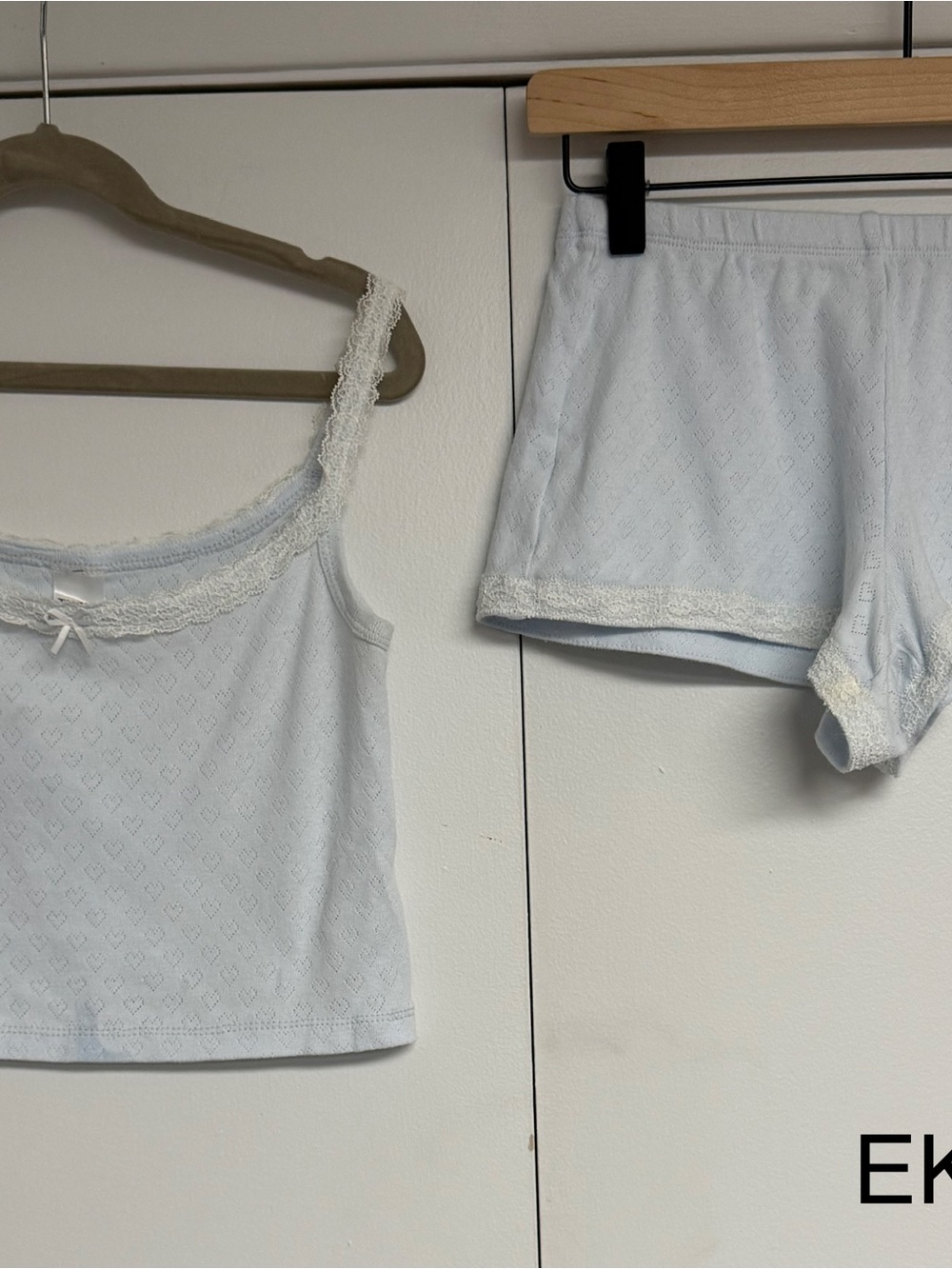 THEME Baby Blue Cotton Pointelle Lace Cami & Shorts Pajama Set M